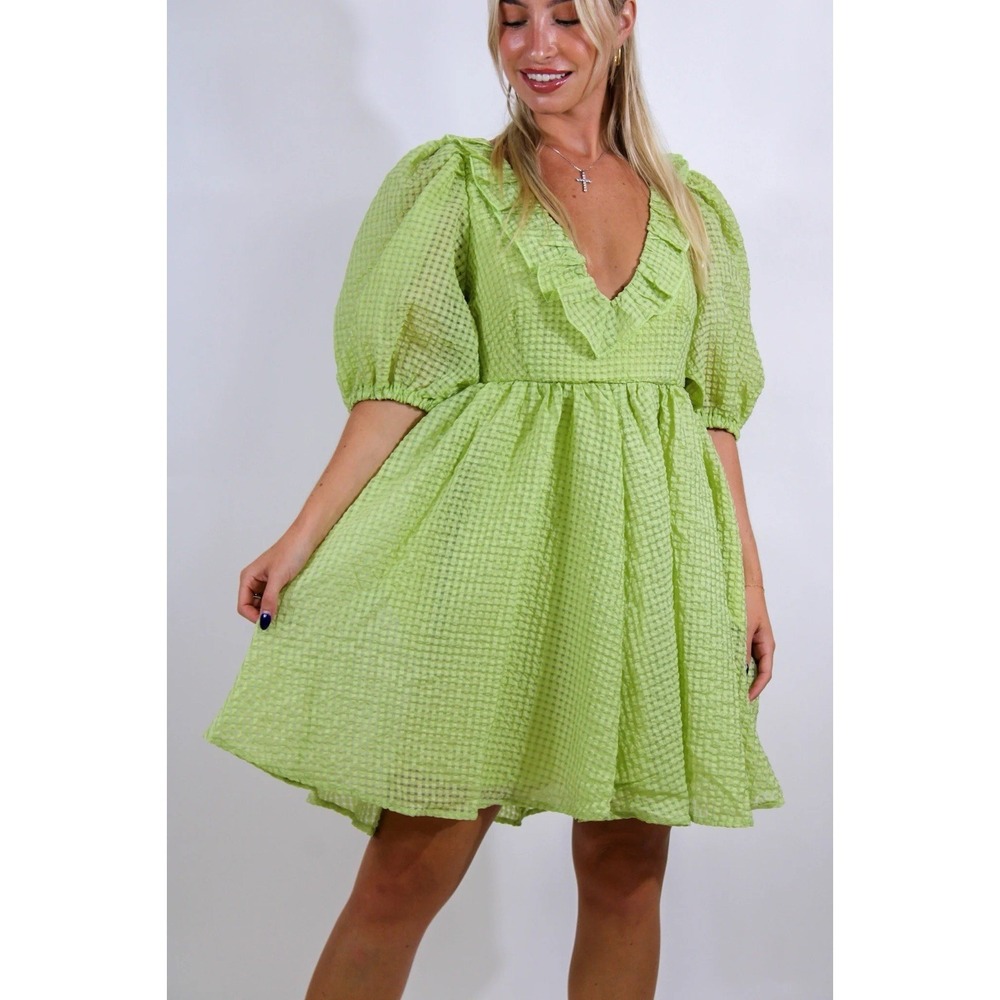Mable M Medium Babydoll Mini Dress Green Textured Puffโ Sleeves Pockets Coquette